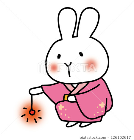 一隻穿著粉紅色浴衣、玩著煙火的白兔 一隻穿著粉紅色浴衣、玩著煙火的白兔 126102617