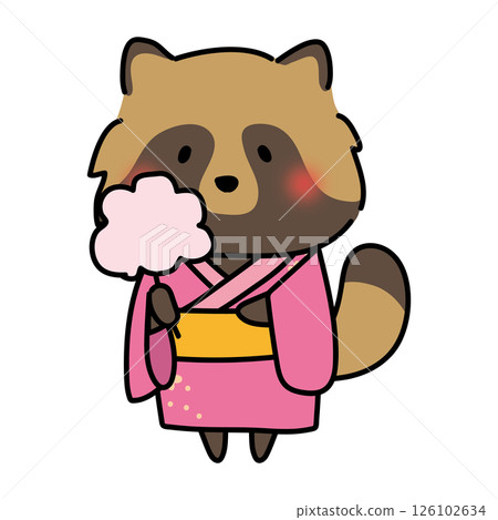 一隻穿著浴衣、手裡拿著棉花糖的浣熊 一隻穿著浴衣、手裡拿著棉花糖的浣熊 126102634
