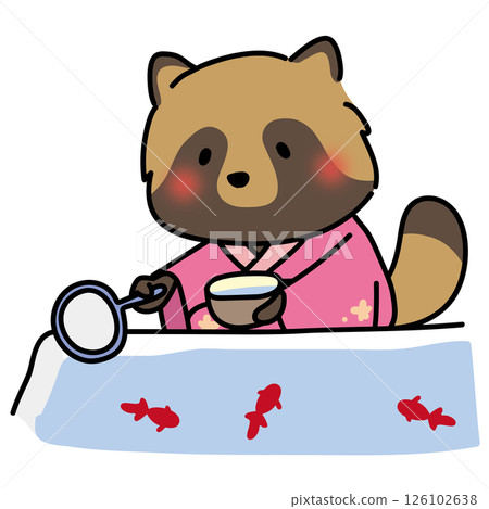 一隻穿著粉紅色浴衣的浣熊正在撈金魚 一隻穿著粉紅色浴衣的浣熊正在撈金魚 126102638