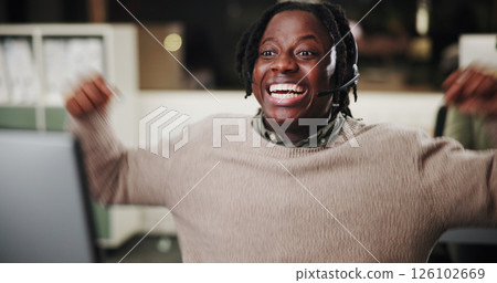 Success, computer or excited black man in customer service for bonus prize, online solution or good news. Achievement, wow or happy African agent in night with smile, call center win or sales goal Success, computer or excited black man in customer service for bonus prize, online solution or good news. Achievement, wow or happy African agent in night with smile, call center win or sales goal 126102669