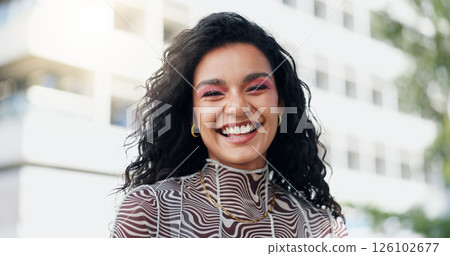 Happy, fashion and portrait of woman in city with makeup, streetwear or trendy clothes. Smile, confident and female person with facial cosmetics and stylish, edgy or casual outfit in urban town. Happy, fashion and portrait of woman in city with makeup, streetwear or trendy clothes. Smile, confident and female person with facial cosmetics and stylish, edgy or casual outfit in urban town. 126102677