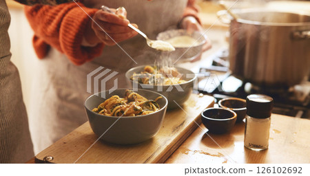 Hands, home and couple with pasta, cooking and process with nutrition, organic dinner and wellness. Closeup, ceramic bowls and people in kitchen, healthy meal and serve with cheese and Italian food Hands, home and couple with pasta, cooking and process with nutrition, organic dinner and wellness. Closeup, ceramic bowls and people in kitchen, healthy meal and serve with cheese and Italian food 126102692
