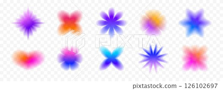 Colorful blurred gradient heart and stars collection. Bright blur aura shapes set. Fading abstract elements for poster, template, badge, sticker, collage. Vector iridescent smooth form flower pack Colorful blurred gradient heart and stars collection. Bright blur aura shapes set. Fading abstract elements for poster, template, badge, sticker, collage. Vector iridescent smooth form flower pack 126102697