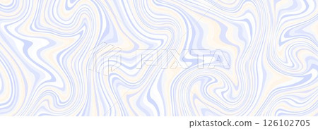 Light blue and orange psychedelic lines texture. Abstract trippy marble effect background. Swirl wavy striped pattern for banner, poster, cover, floor print swatch. Blue liquid funky backdrop. Vector 126102705