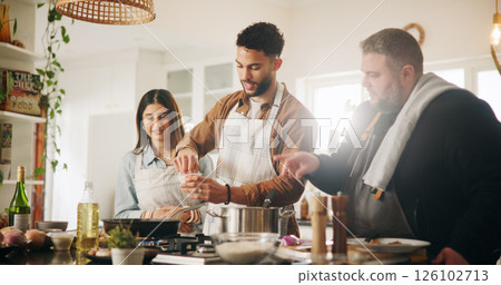 Cooking class, chef and couple with learning in home for meal preparation, culinary skills or recipe instructions. Professional guide, people and food lesson with demonstration, dinner advice or tips 126102713