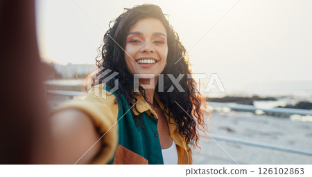 Beach, selfie and woman with smile, vacation and travel with profile picture, excited and ocean. Portrait, happy person and seaside with traveller, social media and influencer with summer holiday Beach, selfie and woman with smile, vacation and travel with profile picture, excited and ocean. Portrait, happy person and seaside with traveller, social media and influencer with summer holiday 126102863