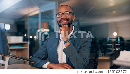 Glasses, portrait and business with black man in office with laptop for budget research, financial records and overtime. Review deadline, asset management and person in agency at night for audit 126102872
