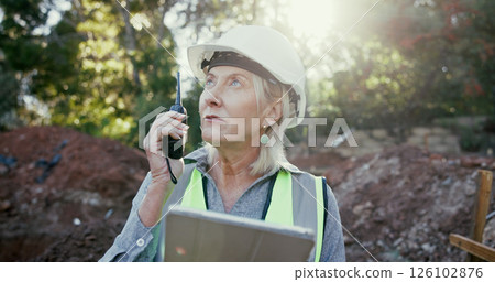 Building, radio and tablet with construction worker woman on excavation site for development or planning. Architecture, communication and thinking with mature developer outdoor for engineering Building, radio and tablet with construction worker woman on excavation site for development or planning. Architecture, communication and thinking with mature developer outdoor for engineering 126102876