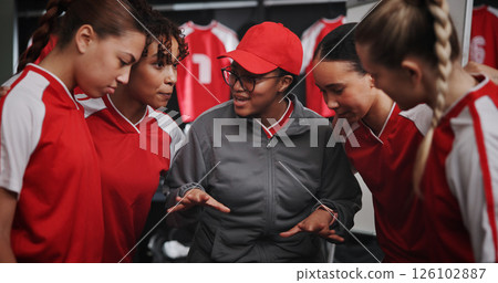 Women, coach and discussion with soccer players for match or game plan in locker room. Female people, coordinator or talking with football group for team formation, ideas or sport strategy together Women, coach and discussion with soccer players for match or game plan in locker room. Female people, coordinator or talking with football group for team formation, ideas or sport strategy together 126102887