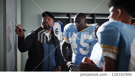 Board, presentation and football with coach and team in locker room for game plan, sports strategy or defense formation. Touchdown tactics, match feedback and discussion with people and advice 126102906
