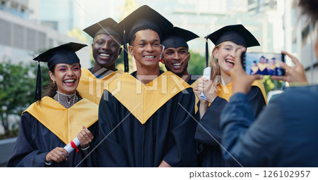 Happy people, students and graduation with camera for picture, memory or scholarship together in city. Group, friends or graduates with smile for academic qualification, photography or capture moment Happy people, students and graduation with camera for picture, memory or scholarship together in city. Group, friends or graduates with smile for academic qualification, photography or capture moment 126102957