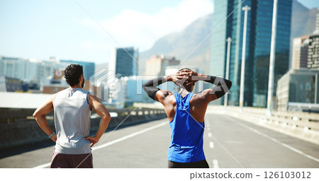 Back, break and fitness with men on street in city for cardio training, marathon or running routine. Exercise, rest and recovery with athlete or runner friends outdoor on bridge in urban town Back, break and fitness with men on street in city for cardio training, marathon or running routine. Exercise, rest and recovery with athlete or runner friends outdoor on bridge in urban town 126103012