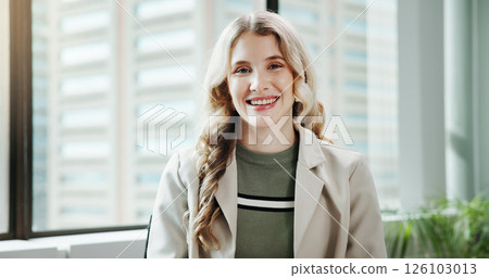 Smile, portrait and business woman in office as regulatory affairs specialist with pride. Happy, employee and confident professional worker, compliance officer or policy development expert in France 126103013