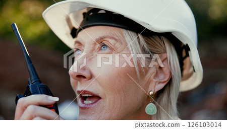 Building, excavation and radio with developer woman outdoor on site as construction worker. Communication, development and update with mature engineer person speaking for architecture or planning 126103014