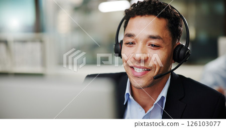 Man, call center and computer in office with smile for contact us, communication or telecom agency. Consultant, customer service and CRM help desk with support, advice and agent in workplace Man, call center and computer in office with smile for contact us, communication or telecom agency. Consultant, customer service and CRM help desk with support, advice and agent in workplace 126103077