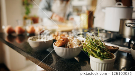 Food, culinary art or kitchen with ingredients for hospitality, cooking or catering service at home. Closeup, vegetables or chef person with recipe or fresh organic produce for meal prep or dinner 126103085