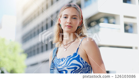 Fashion, outdoor and portrait of woman in city for streetwear, trendy or gen z clothes. Confident, cool and face of female person from London with casual, cool or stylish outfit in urban town. Fashion, outdoor and portrait of woman in city for streetwear, trendy or gen z clothes. Confident, cool and face of female person from London with casual, cool or stylish outfit in urban town. 126103086