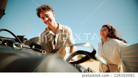 Couple, packing and bags in car for road trip preparation, travel luggage and ready for vacation. People, helping and suitcase in trunk for summer holiday, getaway adventure and transport journey Couple, packing and bags in car for road trip preparation, travel luggage and ready for vacation. People, helping and suitcase in trunk for summer holiday, getaway adventure and transport journey 126103091