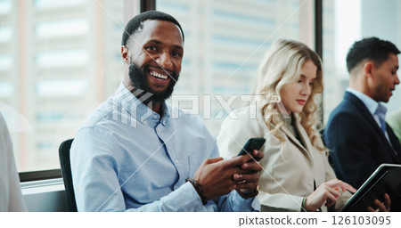 Interview, waiting or portrait of happy businessman with phone in queue for hiring or human resources. Resume, mobile or line for recruitment process, employment vacancy or job application opportunit Interview, waiting or portrait of happy businessman with phone in queue for hiring or human resources. Resume, mobile or line for recruitment process, employment vacancy or job application opportunit 126103095
