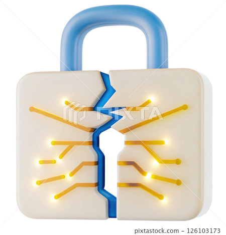 Cybersecurity data breach concept, Digital padlock with circuit design and glowing elements. isolated transparent background 126103173