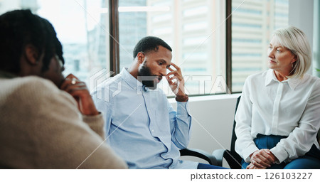 Business people, meeting or support group with team at office for rehabilitation or counseling. Employees, colleagues or community with therapist for talk, consolidation or safe space at workplace Business people, meeting or support group with team at office for rehabilitation or counseling. Employees, colleagues or community with therapist for talk, consolidation or safe space at workplace 126103227