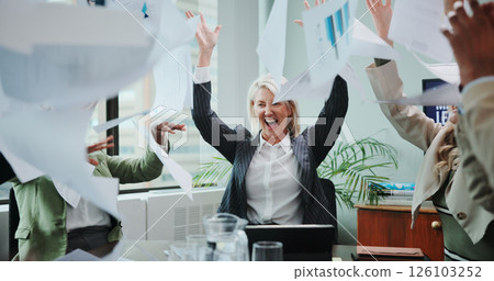Celebration, paper throw and business people with documents for success, collaboration and excited. Goals, target and winner with happy employee team in workplace for deal, meeting or motivation Celebration, paper throw and business people with documents for success, collaboration and excited. Goals, target and winner with happy employee team in workplace for deal, meeting or motivation 126103252