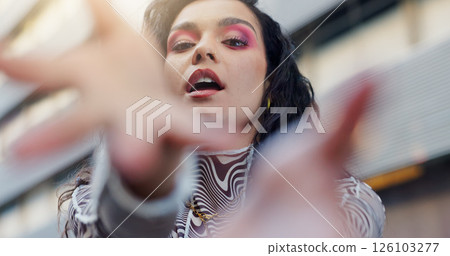 Hands, frame and portrait of woman in city with confidence for style, trendy and cool outfit. Creative influencer, perspective and face of person in urban town for fashion, aesthetic and cosmetics Hands, frame and portrait of woman in city with confidence for style, trendy and cool outfit. Creative influencer, perspective and face of person in urban town for fashion, aesthetic and cosmetics 126103277