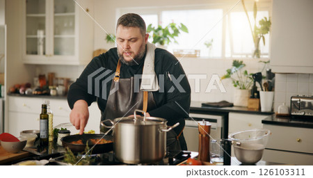 Man, chef and meal prep in kitchen for nutrition, diet and lunch or cooking in pan. Recipe, cuisine and dinner with food and gourmet skills at home for wellness, small business or healthy ingredients Man, chef and meal prep in kitchen for nutrition, diet and lunch or cooking in pan. Recipe, cuisine and dinner with food and gourmet skills at home for wellness, small business or healthy ingredients 126103311