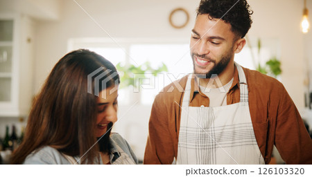 Couple, smile and love with cooking in kitchen for preparation of home meal or supper. Bonding, help and communication with man and woman in apartment together for talk, conversation or nutrition 126103320