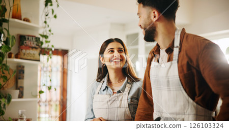 Conversation, cooking and couple in kitchen in house together for bonding, talking and connection, Happy, home and man with woman for preparing meal, food or dinner for health diet in apartment. 126103324