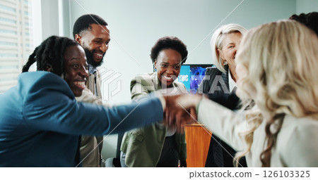 Business people, hands together and meeting for support with office, workshop or employee engagement. Data analyst, huddle and motivation with celebration, training or advice for community discussion Business people, hands together and meeting for support with office, workshop or employee engagement. Data analyst, huddle and motivation with celebration, training or advice for community discussion 126103325