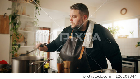 Man, chef and meal prep in kitchen for recipe, diet and lunch or cooking soup. Nutrition, cuisine and dinner with food and gourmet skills at home for wellness, dining and healthy ingredients or stew 126103344