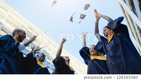 Graduates, throw and hats for graduation success, education achievement or diploma goals. City, excited people or academic cap in air for celebration, low angle or learning with university target 126103360