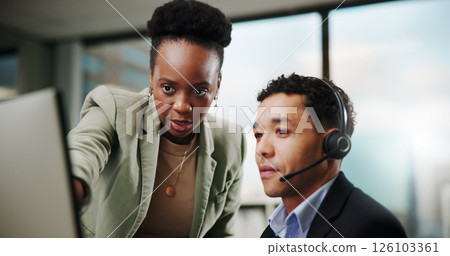 Call center, help and training with mentor on computer for customer service, consulting or sales advice in office. People, team or telemarketing manager with discussion, coaching intern or contact us Call center, help and training with mentor on computer for customer service, consulting or sales advice in office. People, team or telemarketing manager with discussion, coaching intern or contact us 126103361