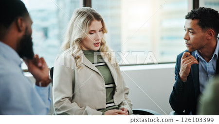 Business people, meeting and discussion with team for mental health, recovery or rehabilitation. Counseling, colleagues or employees in support group for work intervention or therapy session together 126103399