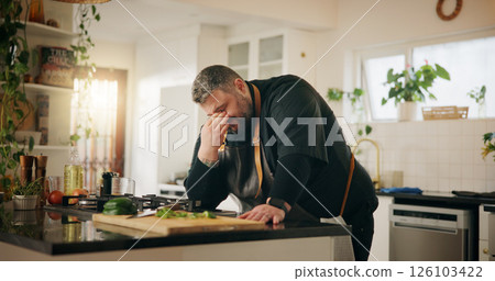 Cooking, fatigue and headache with man in kitchen of home for crisis, failure or mistake. Frustration, recipe disaster and stress with chef in apartment for burnout, loss or small business startup 126103422