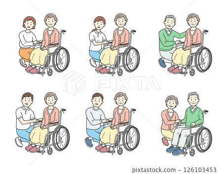 幫助坐輪椅的老人的人的插圖集 126103453