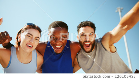 Happy people, fitness or portrait with celebration for winning, success or health and wellness together. Active group, excited friends or hug with smile for workout achievement, teamwork or exercise 126103455