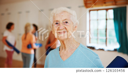Senior, happy woman or portrait with yoga mat for holistic class, spiritual wellness or mental health. Face, female person or elderly yogi with smile for mindfulness, zen or pilates session in studio 126103456