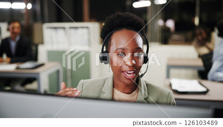 Call center, talking and woman on computer for telemarketing, sales and crm at night. Agent, contact us and conversation with headset for lead generation, outbound marketing and overtime in office 126103489