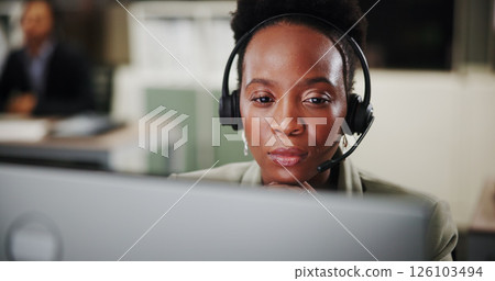Woman, face and thinking at computer for call center, communication or CRM with help desk for support insight. Information, idea or telecom with online reading, customer service and outbound solution 126103494