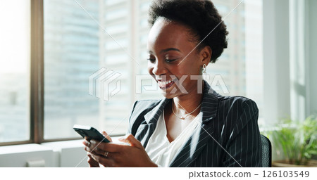 Business, smile and black woman in office, smartphone and texting with social media, accounting and funny meme. African person, financial advisor and employee in workplace, cellphone and online joke 126103549
