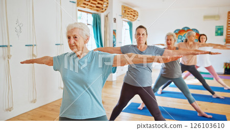 Group, elderly people and stretching for yoga with zen, fitness exercise and spiritual wellness. Senior women, muscle warm up and pilates lesson, holistic practice and body balance at health club Group, elderly people and stretching for yoga with zen, fitness exercise and spiritual wellness. Senior women, muscle warm up and pilates lesson, holistic practice and body balance at health club 126103610