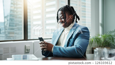 Business, smile and black man with smartphone, connection and social media with accounting, chat and funny meme. African person, tax advisor and employee in office, cellphone and online joke with app Business, smile and black man with smartphone, connection and social media with accounting, chat and funny meme. African person, tax advisor and employee in office, cellphone and online joke with app 126103612