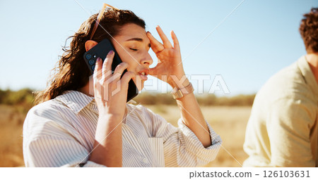 Frustrated woman, phone call and breakdown with car for roadside assistance or vehicle trouble in nature. Female person, talking or stranded with mobile smartphone for emergency transport app or help 126103631