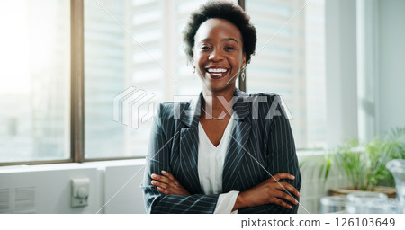 Portrait, business and happy black woman with arms crossed in office for pride as financial advisor. Smile, employee and confident professional worker, wealth consultant and asset manager in Kenya 126103649