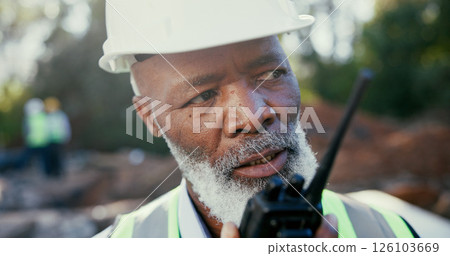 Building, excavation and radio with developer black man outdoor on site as construction worker. Communication, development and update with supervisor talking for architecture, engineering or planning 126103669