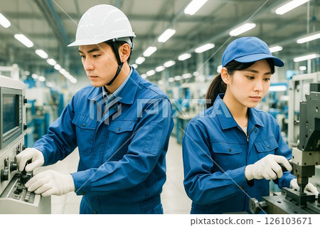 穿著工作服和安全帽的男女在生產現場操作機器 126103671