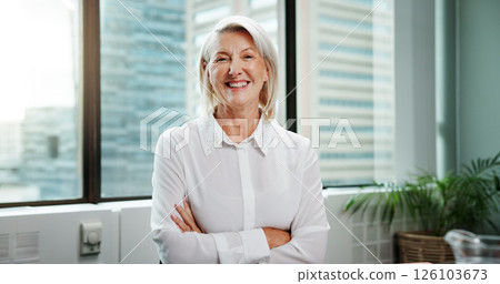 Portrait, smile and mature businesswoman with arms crossed for experience as financial advisor. Office, boss and confident professional executive, wealth consultant and asset manager in Switzerland 126103673