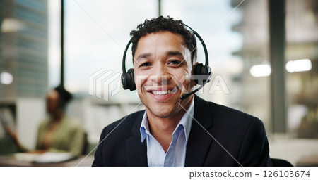 Man, call center and portrait in office with smile for contact us, communication or telecom agency. Consultant, customer service and CRM help desk with support, advice and agent in coworking space 126103674